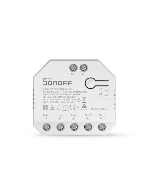 SONOFF SMART ΕΝΔΙΑΜΕΣΟΣ ΔΙΑΚΟΠΤΗΣ ΔΥΟ ΘΕΣΕΩΝ DUALR3 DIY Wi-Fi ΜΕ ΜΕΤΡΗΤΗ ΚΑΤΑΝΑΛΩΣΗΣ 15A 3300W ΛΕΥΚΟΣ 54Χ49Χ24mm 58gr